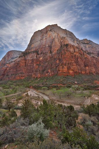 a vertical shot of Angels Landing Trail, beautiful views over the Virgin River canyon, Zion National Park, Utah, USA.