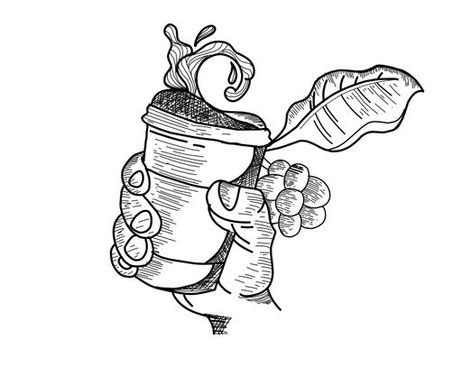 A vector illustration of a hand holding a cup of coffee with coffee grains against a white background