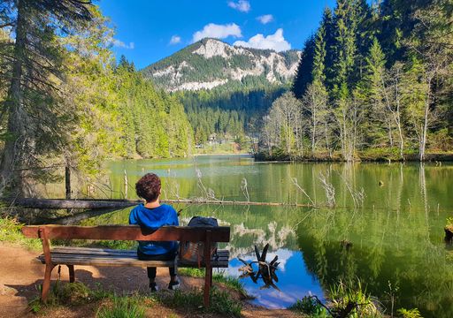 A beautiful view of a woman sitting on a bench and looking at the mountains