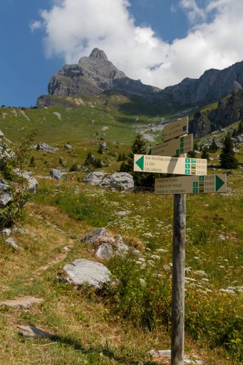 A vertical shot of trail signs at Mont Blanc in the French Alps