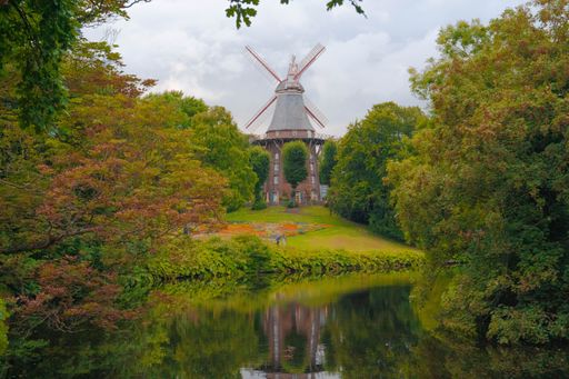A beautiful landscape with an old mill on the old town defensive wall in Bremen
