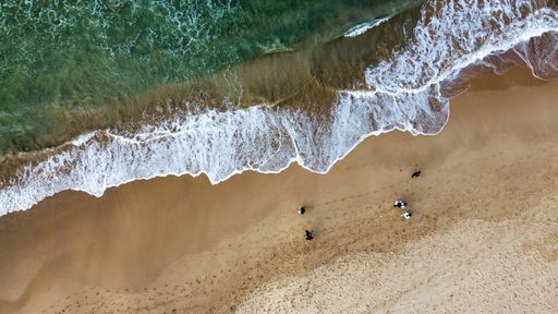 An aerial view of a sea or ocean coast with people walking in the sand along the foamy waves