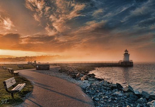 An aerial view of Bug Headlight, Maine at sunset