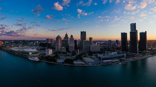 Detroit City Morning sunrise.  Panoramic view of the city of Detroit.