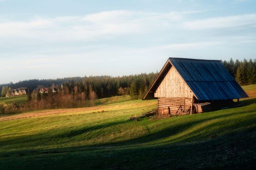 A mesmerizing view of an old wooden house in a field on a sunny day