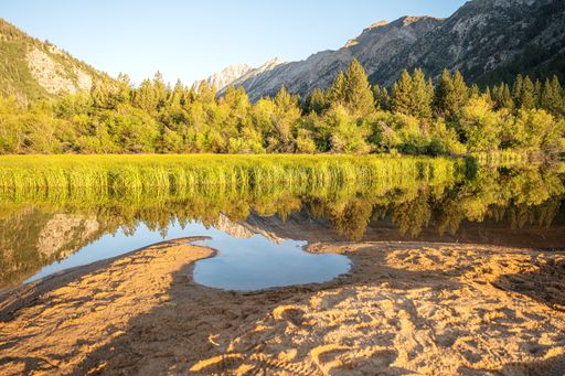 A beautiful shot of a reflection of hills  and trees on the water