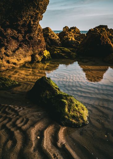 A vertical shot of moss rocks under cliffs on reflecting water