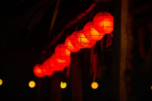 A selective focus shot of red Chinese lanterns hanging on wooden pole with blur background