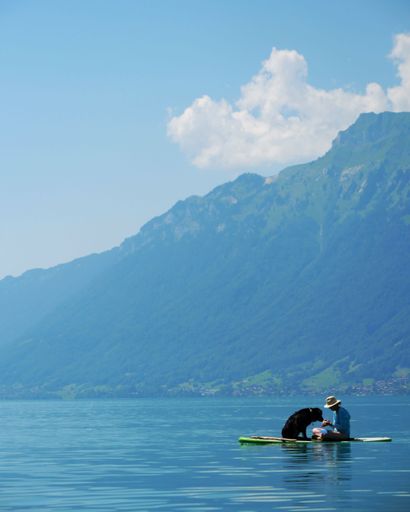 A vertical shot of a man sitting on a surfboard in the middle of the ocean surrounded by tall lush mountains while playing with his dog
