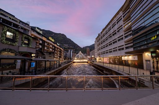 The Pont de Paris in Andorra la Vella, Andorra in the evening