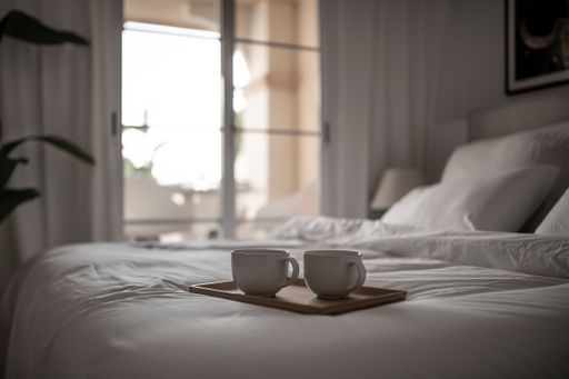 A cozy bed with clean white sheets and coffee mugs on a wooden tray