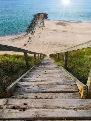 A vertical shot of wooden steps leading to a beach surrounded by the sea under the sunlight
