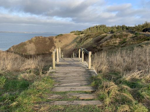 A wooden staircase on a hill covered in the grass surrounded by the sea under a cloudy sky