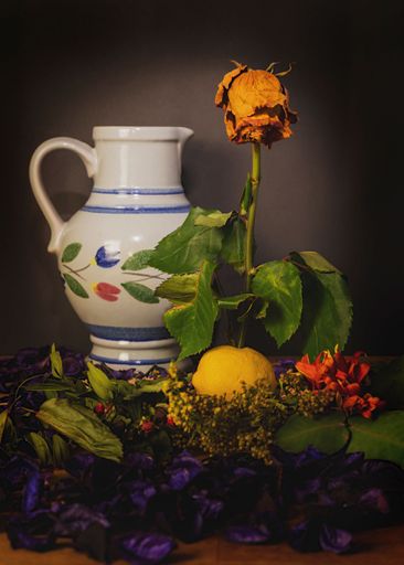A vertical still life shot of dried flowers near a decorative jug