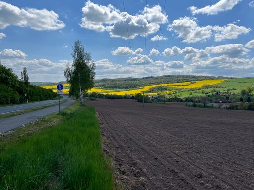 A view of plowed field near road in background of greenery and yellow fields under blue bright sky