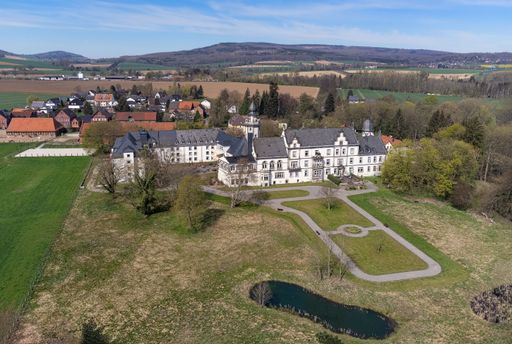 An aerial view of Hasperde Castle in Bad Munder, Lower Saxony, Germany