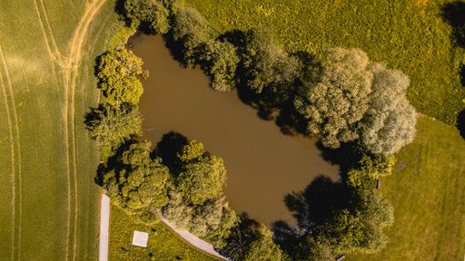 A top view shot of a small lake surrounded by trees in Upper Austria