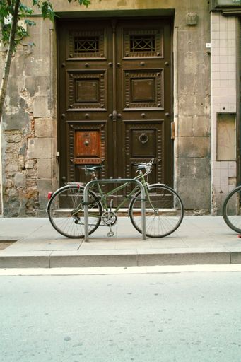 A vertical shot of a bicycle on the pavement street in front of a decorated urban brown door