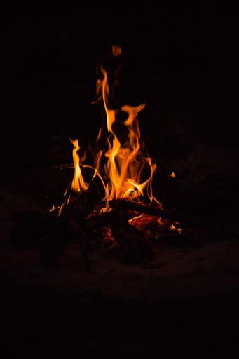 A closeup of burning campfire in the dark outdoors