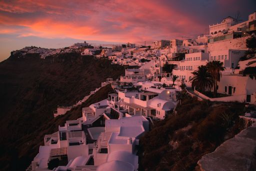 A drone view of Firostefani at sunset, Santorini, Greece