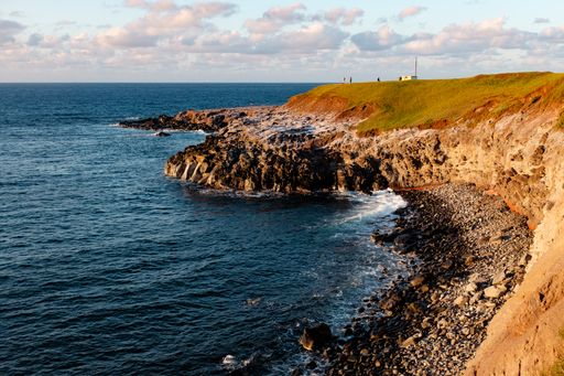 A landscape shot of the ocean near the elevated rocky shore during the day. Perfect for a wallpaper or a background.