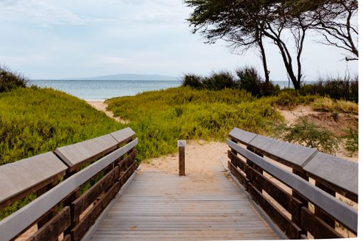 A horizontal shot of a wooden pathway leading to the beach with the peaceful sea in sight