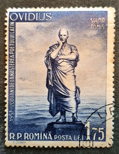 old Romanian stamp from 1957 with the image of the statue of the poet Ovid
