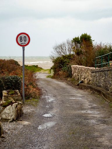A vertical shot of a rural road with a speed limit sign on the side and a see in the back