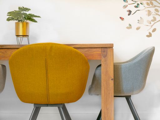 A closeup shot the chairs next to the table with a house plant on top