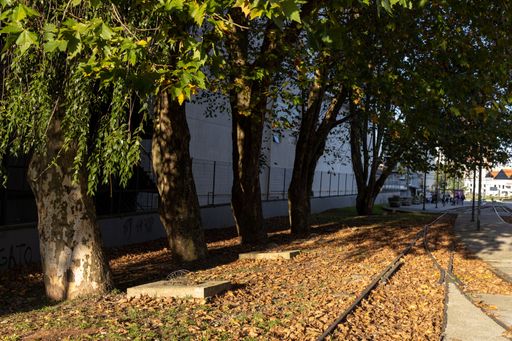 Caxias do Sul, Rio Grande do Sul, Brazil - 12th May, 2022: Autumn leaves and old railway at Train Square at sunset time