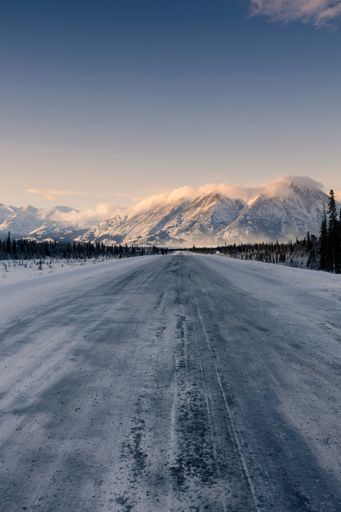 A vertical shot of a landscape with trees and mountains covered in snow in Whitehorse, Yukon, Canada