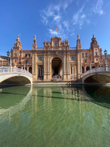 A vertical shot of the Plaza de Espana against the blue sky.  Seville, Spain.