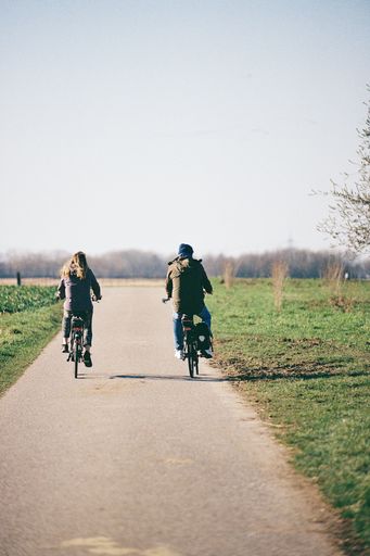 A back view of two cyclists riding bicycle