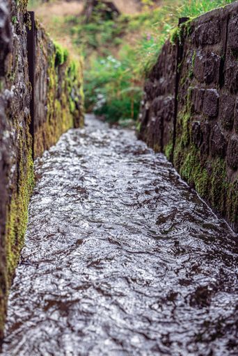 A vertical shot of a small stream surrounded with stonewalls on the both sides of it covered in a moss