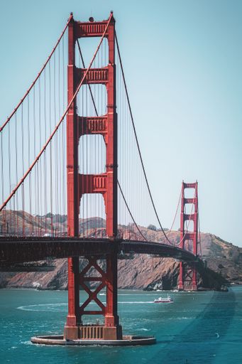 A vertical shot of the famous Golden Gate Bridge under a clear sky