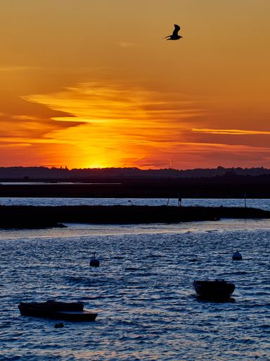 A vertical shot of boats sailing through the backwater at Walton-on-the-Naze, over a background of a beautiful sunset, Essex