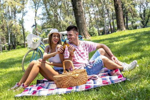 A picture of a beautiful couple having a picnic in the park