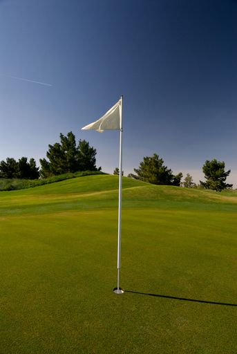 A vertical shot of a white flag in a golf field under the sunlight and blue sky