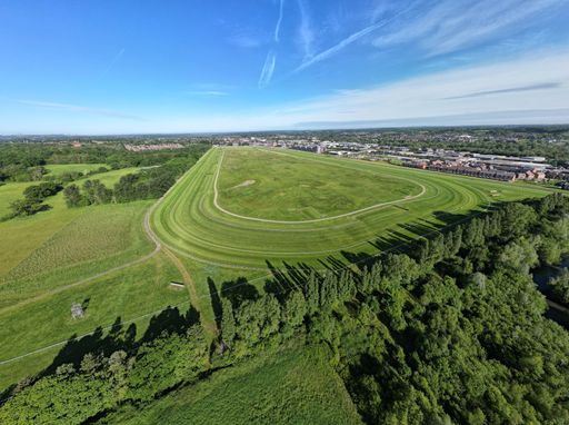 Newbury, Berkshire, United Kingdom - May 22 2022: Wide angle aerial view over Newbury Racecourse