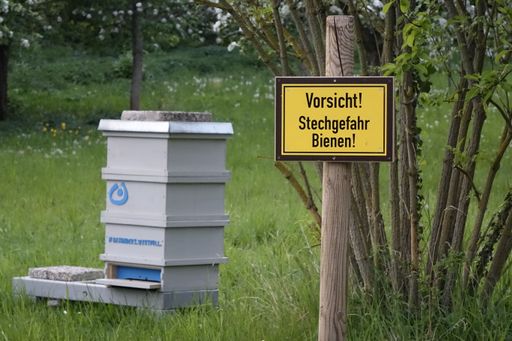 7 May 2022, Hildesheim, Lower Saxony, Germany, Gray beehive (beeyard) under trees with warning sign (horizontal)