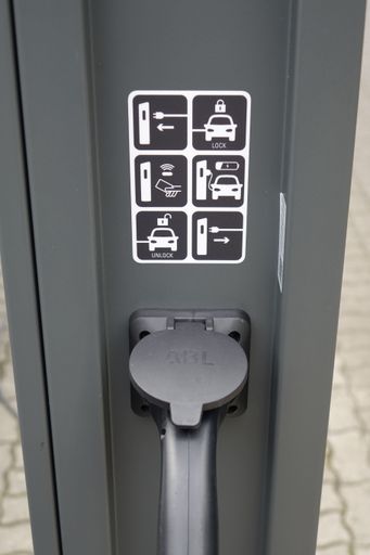 24 January 2022, Kaiserslautern, Rhineland Palatinate, Germany, Close up of plugin charging station for electric cars, focus on plugin, green mobility