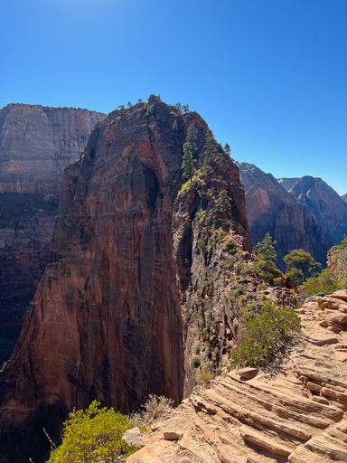 A beautiful shot of Angel's landing with blue clear sky at Zion National Park Utah