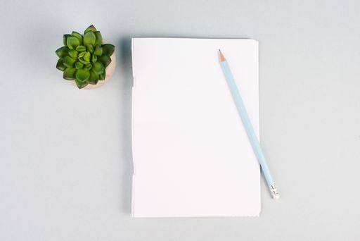 Empty paper with a pen and a cactus textured background, brainstorming for new ideas, writing a message, taking a break, home office desk