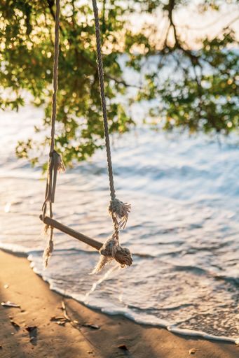 The vertical view of an old swing hanging over the sea waves and sand on a sunny day