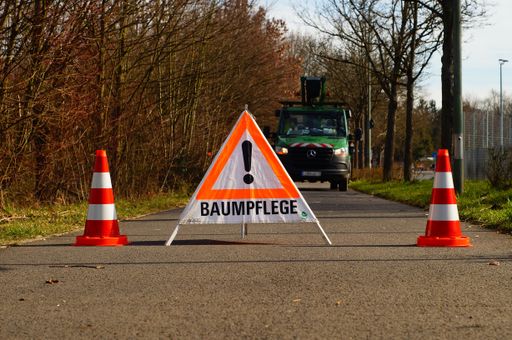 Pruning trees for road safety closes a path in Frankfurt. A sign and pylons indicate this.