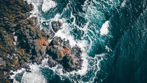 An aerial shot over the Tofino BC beach on West Coast, Vancouver, Canada