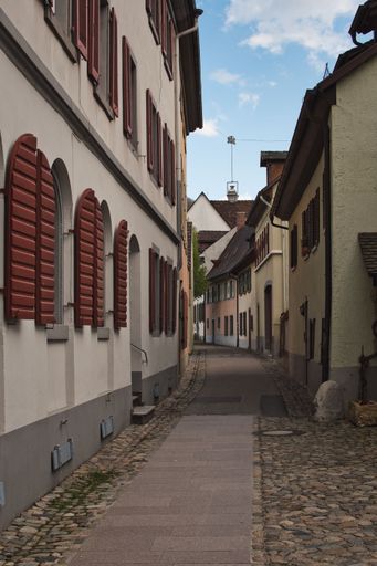 A vertical shot of a narrow street in the old town of Staufen im Breisgau, Germany