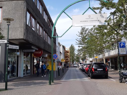 view on Laugavegur shopping street in Reykjavik, Iceland. Blue Sky.