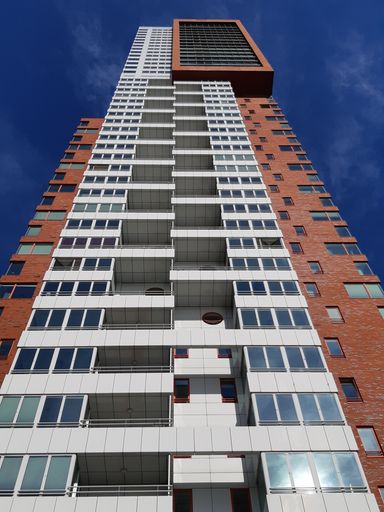 Montevideo apartment tower facade, designed by Francine Houben, at Wilhelminapier. Architecture in the Netherlands