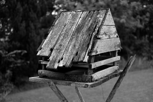 A greyscale shot of an old wooden birdhouse in a park